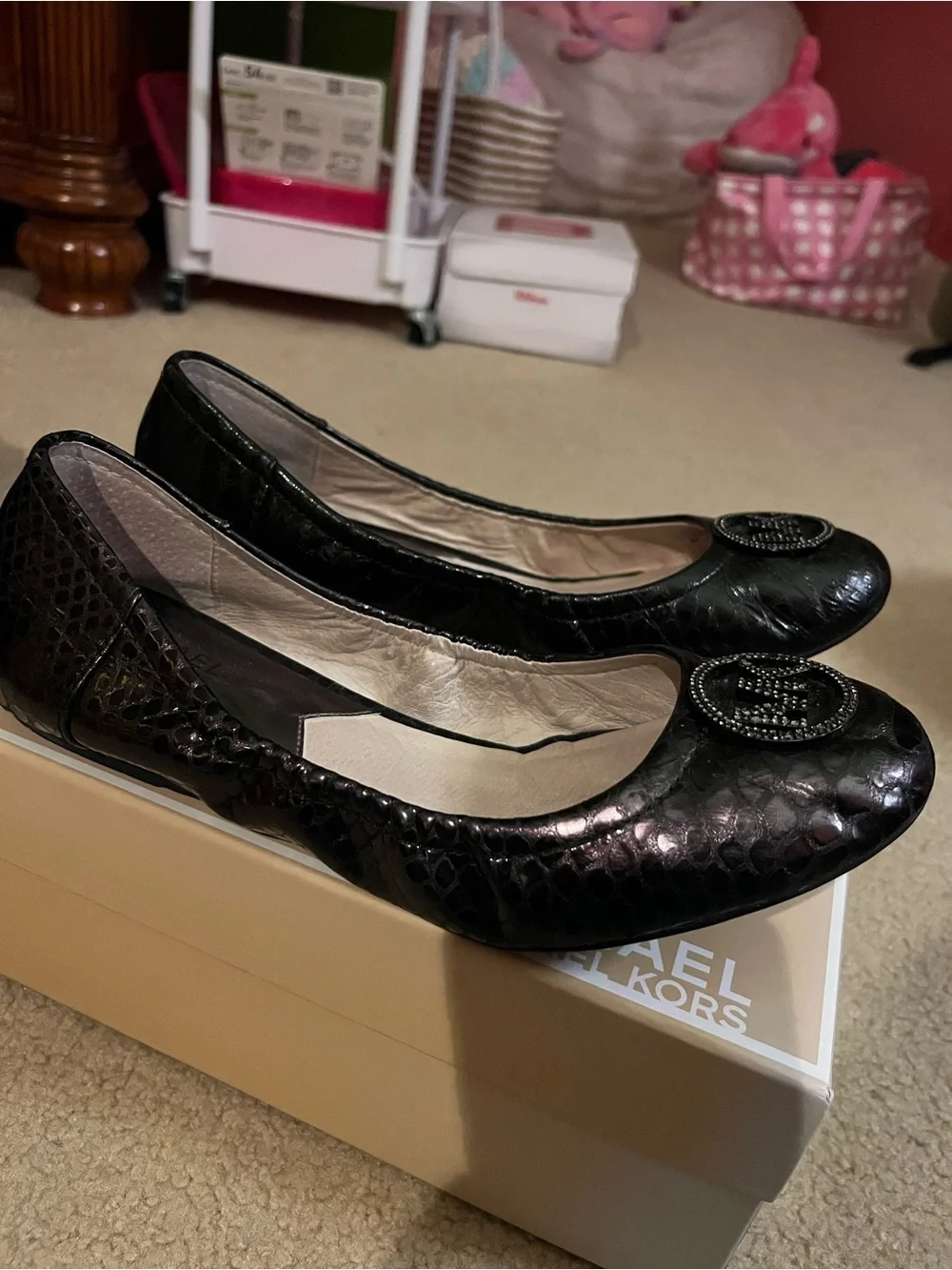 Michael Kors Black Leather MK Logo Quilted Ballet Flats